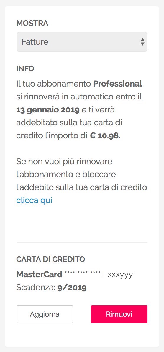 Profilo Utente - Modalità di pagamento e rinnovo