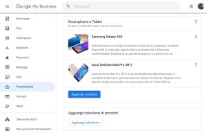 Dashboard web di Google My Business - editor dei prodotti
