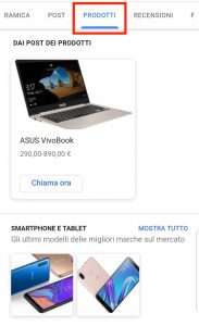 Tab Prodotti Schede attività Google My Business