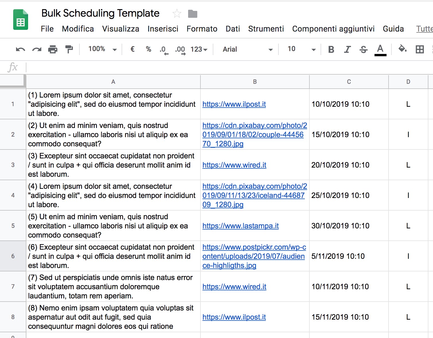template per il bulk scheduling