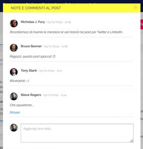 Modal di gestione delle note e dei commenti