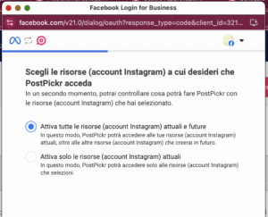 Finestra Facebook Login for Business per attivare tutte le risorse amministrate (account Instagram)