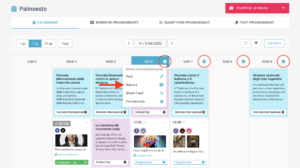 Calendario editoriale di PostPickr con post programmati ed eventi tematici. Presenti pulsanti "+" per aggiungere post, rubriche, smart feed o promemoria.