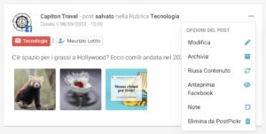 Il menu delle opzioni del post