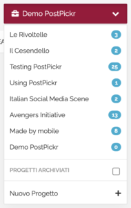 Il menu di scelta Progetti