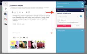 Screenshot dell'editor di PostPickr che mostra l'interfaccia per la creazione e programmazione di post sui social media.