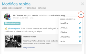 Area di modifica rapida del post salvato in rubrica