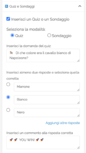 La sezione Quiz delle Opzioni Avanzate