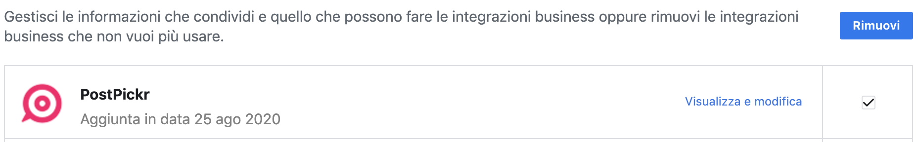 Rimuovere app PostPickr dalle Integrazioni Business di Facebook