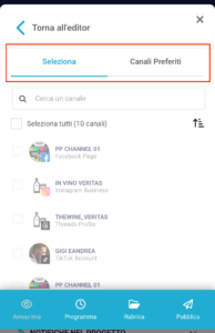 Il pannello di selezione canali in versione responsive