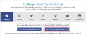 Finestra collegamento canali - pulsante Collega Gruppo Facebook