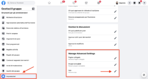 Pagina impostazione di un gruppo Facebook