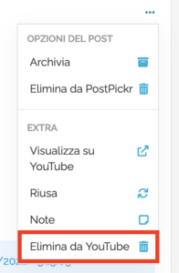 opzioni del post - elimina da YouTube