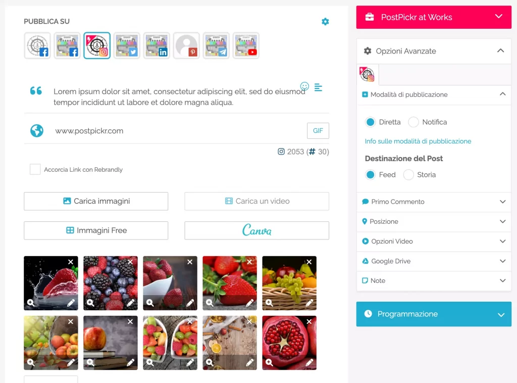 Editor per la programmazione di caroselli su Instagram