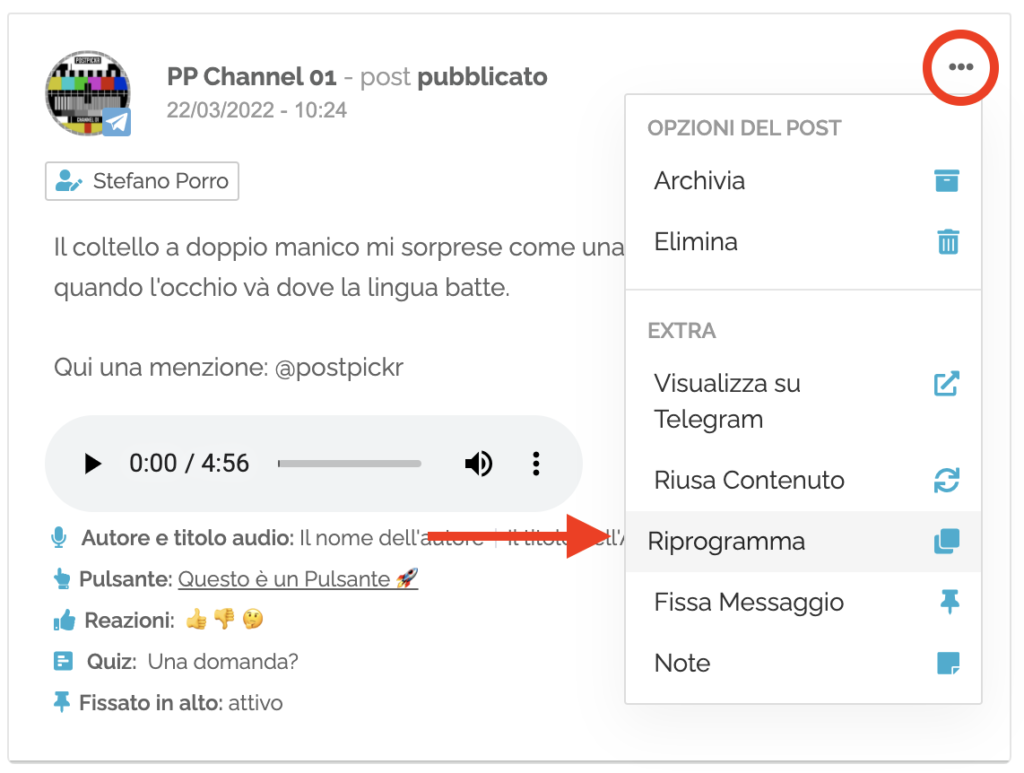 Opzioni del post - Riprogramma