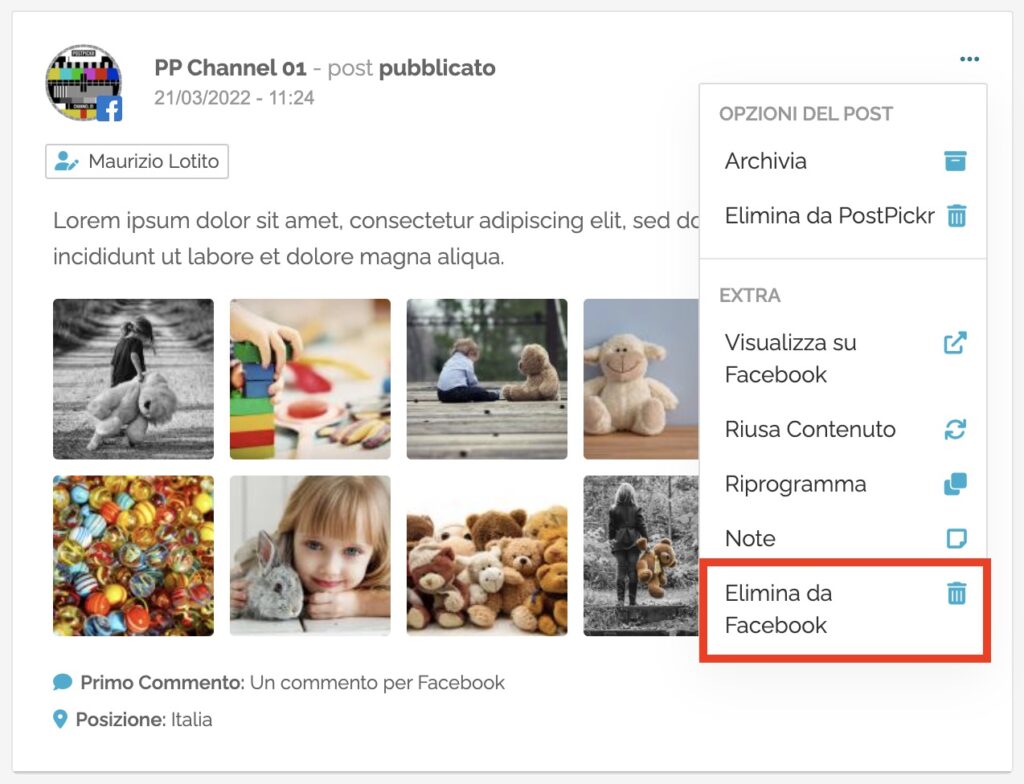 Menu opzioni - elima post da Facebook