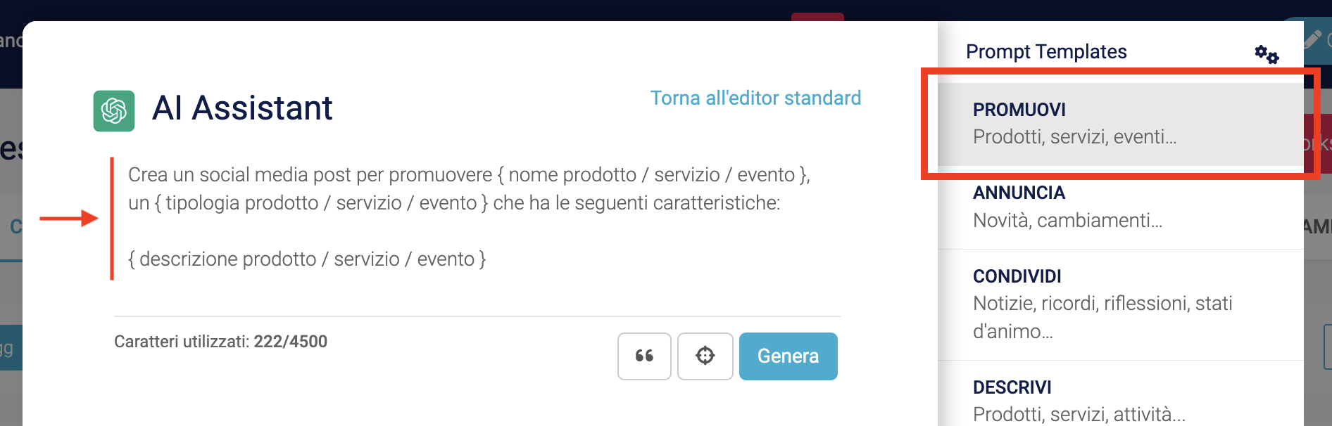 Esempio di inserimento di un prompt template