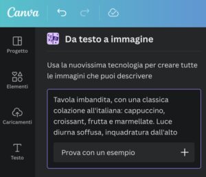 Esempio di inserimento di un prompt nell'editor di Canva