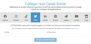 Finestra di collegamento dei canali Twitter a PostPickr