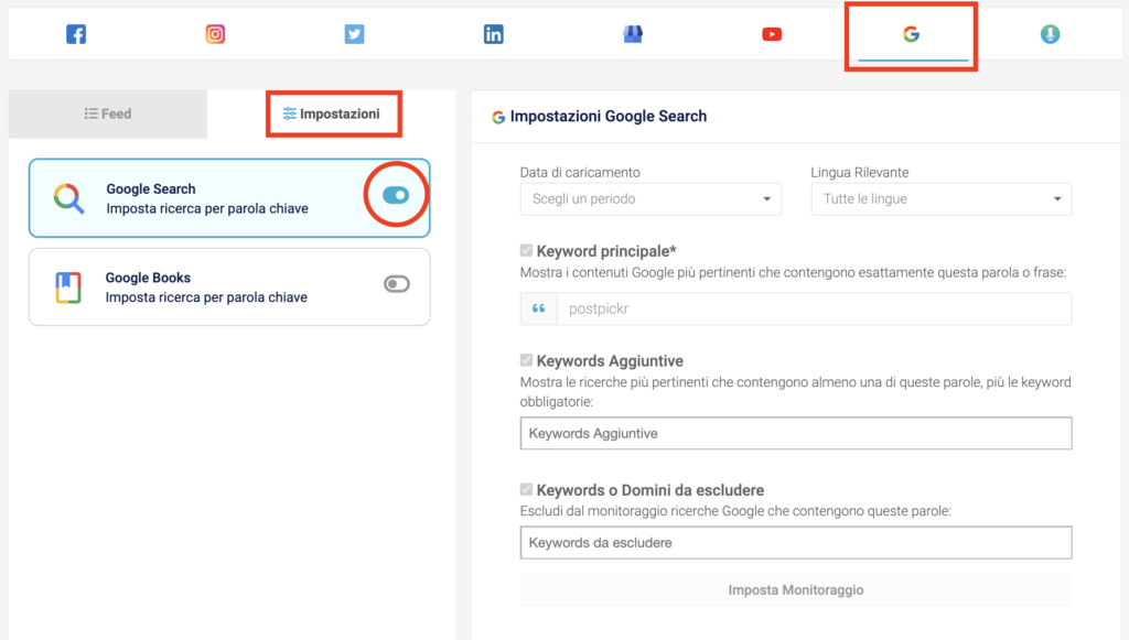 Abilitare la ricerca Google nelle impostazioni di monitoraggio Google