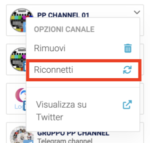 La voce Riconnetti nelle opzioni del canale Twitter
