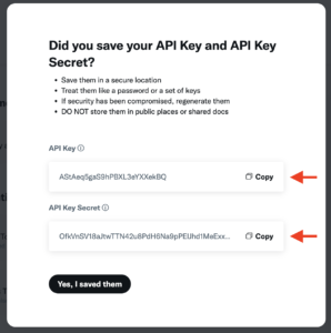 L'API Key e l'API Secret key da copiare e salvare per l'utilizzo con PostPickr