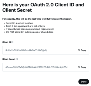 Il Client ID ed il Client Secret associati all'app Twitter