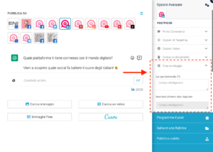 post editor PostPickr con focus su opzione avanzata "Crea sondaggio"