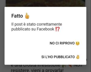 finestra conferma avvenuta pubblicazione su Facebook tramite app mobile PostPickr Notify