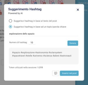 Hashtag suggeriti in base ad un topic
