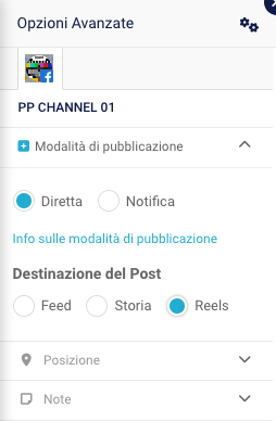 Opzioni avanzate dei canali Facebook, funzione di selezione modalità di pubblicazione Notifica e destinazione post Reels