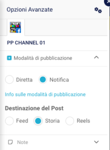 Opzioni avanzate dei canali Facebook, funzione di selezione modalità di pubblicazione Notifica e destinazione post Storia