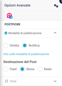 Finestra opzioni avanzate dei canali Facebook con scelta della modalità di pubblicazione e destinazione del post