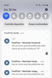 notifica push Android per reminder di pubblicazione Storia Facebook