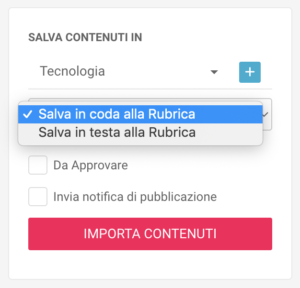 Le opzioni di salvataggio dei contenuti in una Rubrica