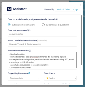 Modello di prompt assistito per la generazione di post promozionali