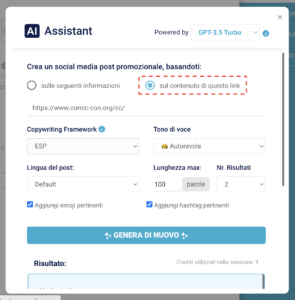 Modello di prompModello di prompt assistito per la generazione di post promozionali a partire da un linkt assistito per il suggerimento di aforis