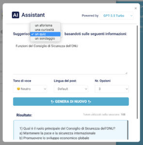 Modello di prompt assistito per il suggerimento di aforismi, curiosità, sondaggi e quiz