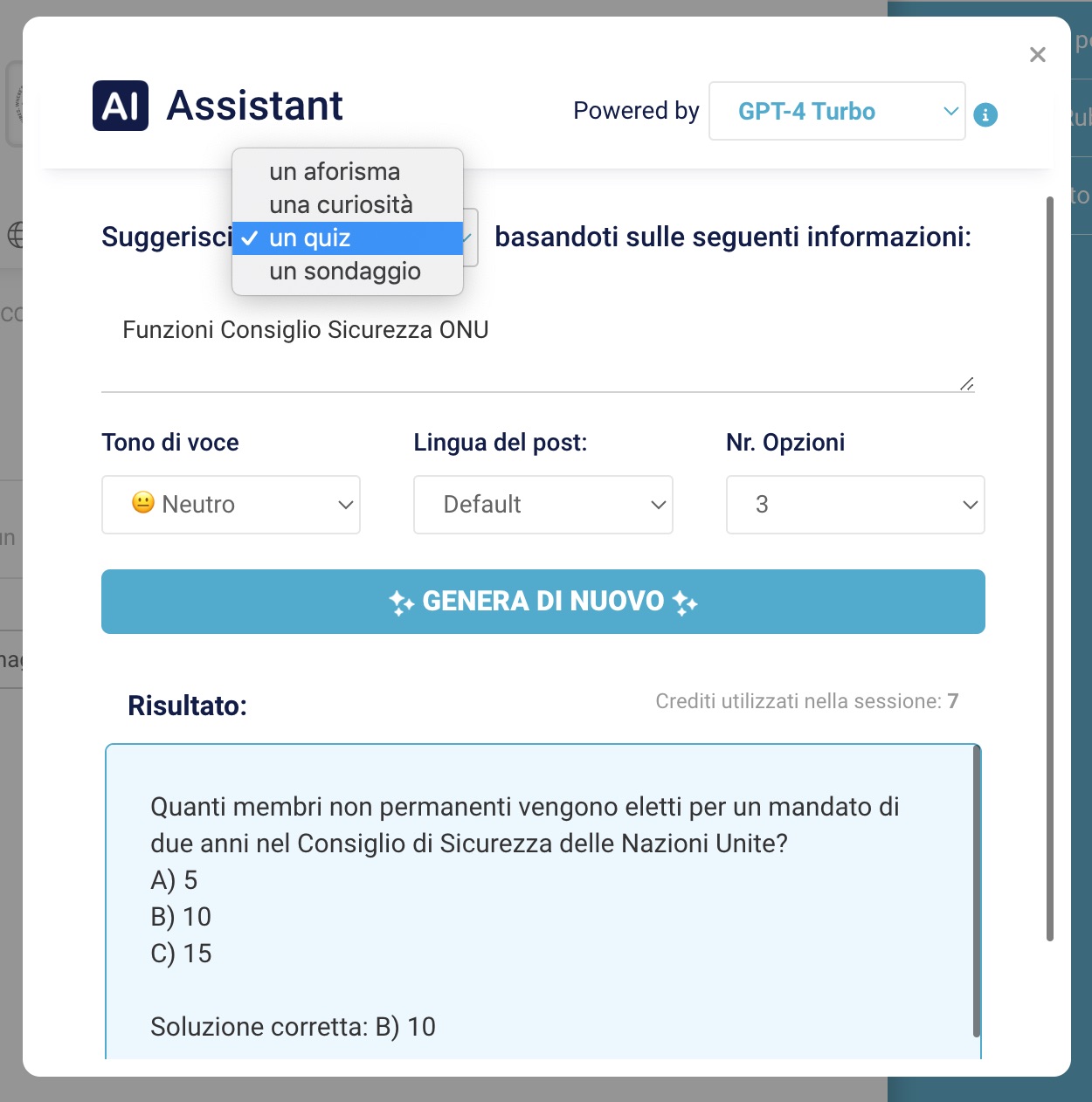 Modello di prompt assistito per il suggerimento di aforismi, curiosità, sondaggi e quiz