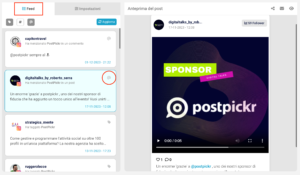 L'immagine mostra l'interfaccia di monitoraggio di PostPickr con un feed di esempi di menzioni su Instagram, incluse un'anteprima di un post che ringrazia PostPickr per il supporto come sponsor.