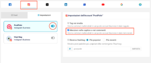 Interfaccia della sezione Monitor di PostPickr per il monitoraggio di Instagram, con l'opzione attiva per tracciare le menzioni dell'account "PostPickr" nelle caption e nei commenti.