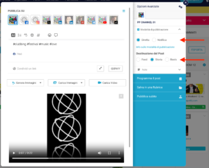 L'immagine mostra l'interfaccia di PostPickr con l'opzione per pubblicare in automatico una Storia su Facebook. Sono visibili i pulsanti per la selezione delle piattaforme di destinazione e una sezione di testo con hashtag. Un'anteprima video è al centro, mentre a destra, le opzioni avanzate evidenziano la scelta tra pubblicazione nel feed o come Storia.