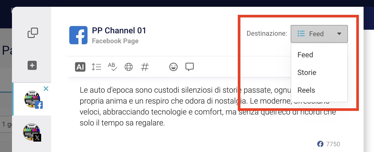 Dettaglio del menu "Destinazione" del post per i canali Facebook