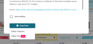 Il pulsante per creare un post dall'evento, attraverso l'Editor Classico o il nuovo Editor Pro