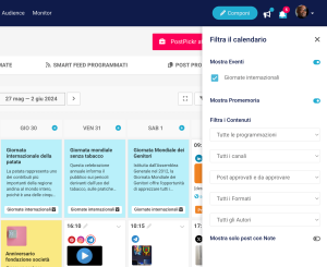 Il pannello dei filtri del Calendario aperto