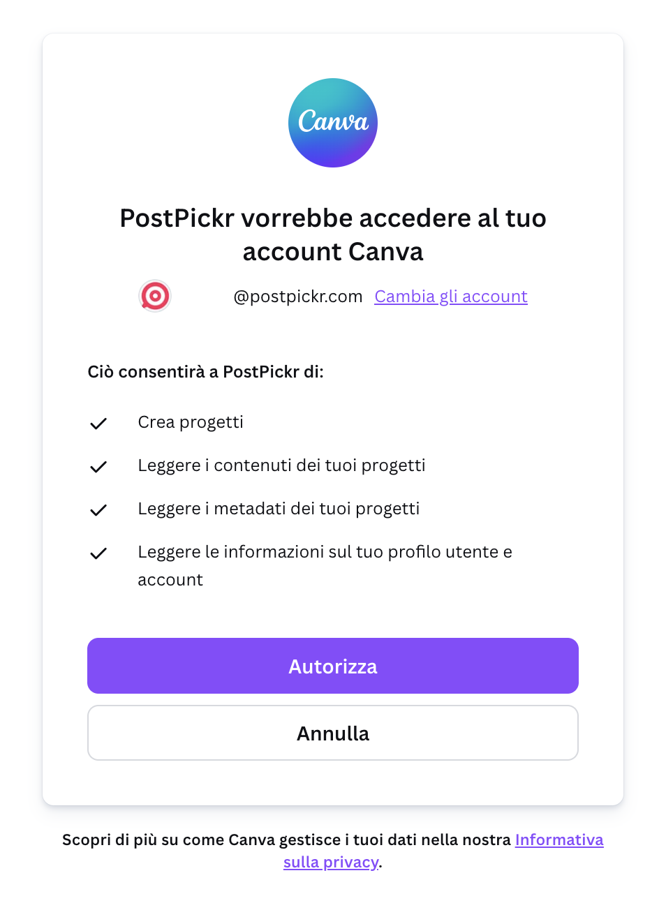 Autorizzazione account Canva