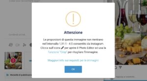 Esempio di avviso di immagine non conforme ai requisiti API di Instagram