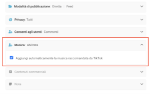 interfaccia utente di PostPickr con le opzioni avanzate di TikTok per l'inserimento della musica
