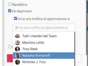 il menu di scelta del membro del team a cui inviare la notifica di approvazione