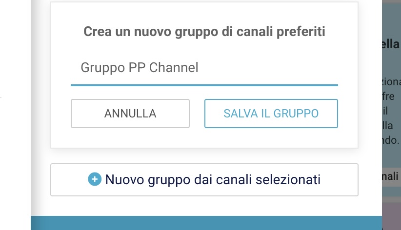 Finestra dell'interfaccia per salvare un nuovo gruppo di canali preferiti, con un campo di testo per inserire il nome del gruppo e due pulsanti: 'Annulla' e 'Salva il gruppo'.